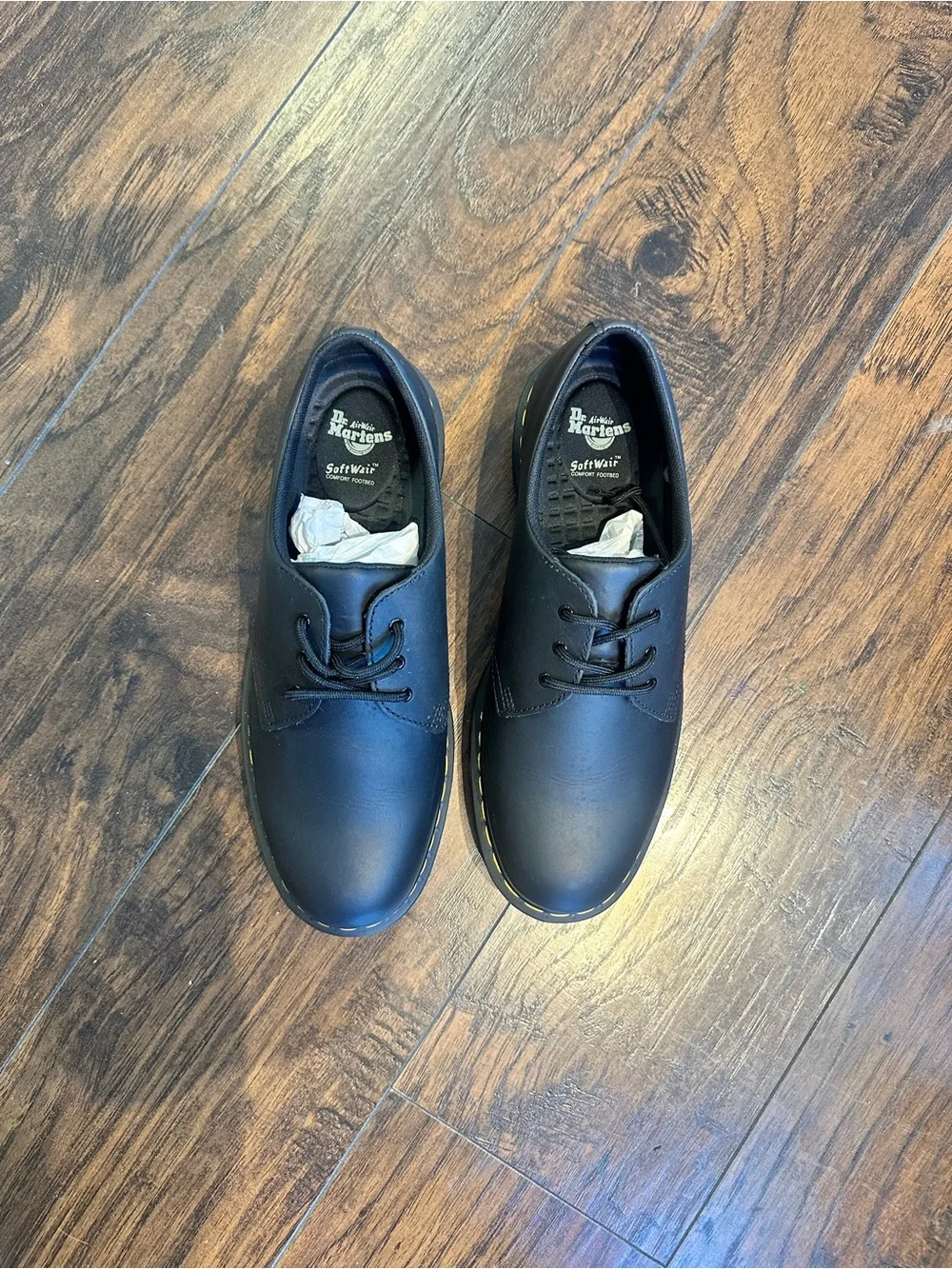 Dr. Martens Black Leather Derby Shoes with Yellow Welt Stitching - Size 13 NEW